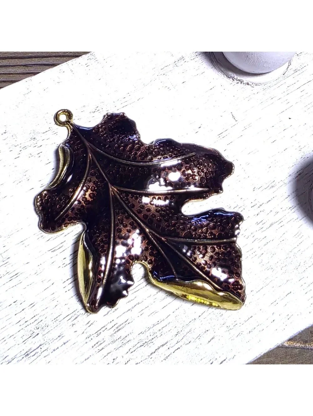 Coppery Brown Enamel on Gold Tone Alloy 3D Textured Large Autumn Leaf Pendant